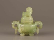 中国古玩 唐物 緑砡石 翡翠 遊環 置物 香炉 時代物 極上品 初だし品 C3783_画像3