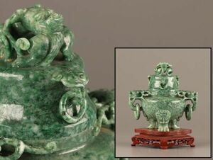 中国古玩 唐物 緑砡石 翡翠 置物 遊環 香炉 時代物 極上品 初だし品 C3850