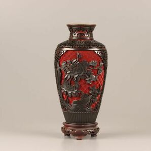 中国古玩 唐物 堆朱 堆黒 花瓶 共箱 細密細工 時代物 極上品 初だし品 C3930の画像3