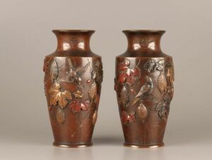 古美術 金工美術 明治金工 古銅造 花瓶 二点 時代物 極上品 初だし品 C4039