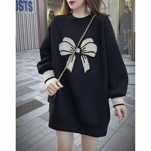 韓国で人気！リボンニットトップス長袖薄手春韓国可愛いゆったり大きいサイズ ニット セーター 黒