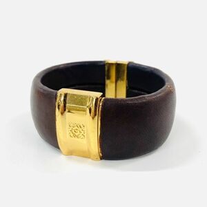 Y608-Z1-1077 ◎ LOEWE ロエベ アナグラム ロゴ ゴールド金具 バングル ブラウン×ゴールド アクセサリー ブレスレット ファッション小物④