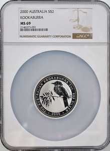 【準最高鑑定】2000年 オーストラリア カワセミ 2ドル 2オンス 銀貨 NGC MS69