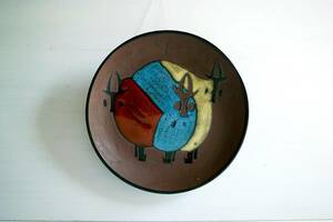 [8763]飾り皿 約30cm 羊 スリップウェア ヴィンテージ フォークアート 民藝 民芸 アート 大皿 プレート 壁飾り ウォールアート 