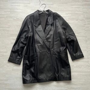 ミディ丈レザージャケットアウター上着羊皮右袖やや汚れあり黒系 レザーコート 防寒 本革ジャケットラムレザー