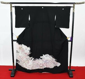 黒留袖 結婚式 花 鶴 御祝縁起 五つ紋 家紋 身丈158cm 裄丈64cm ★着物 e-857 桜庭呉服店