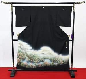 黒留袖 結婚式 単衣 遠山文 風景 五つ紋 家紋 身丈152cm 裄丈65cm ★着物 e-873 桜庭呉服店