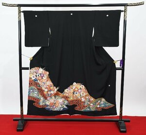 黒留袖 結婚式 五つ紋 落款 菊 流水 家紋 身丈143cm 裄丈65.5cm ★着物 e-846 桜庭呉服店