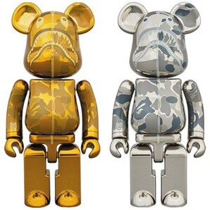 【新品未開封】BE@RBRICK BAPE CAMO SHARK 200% 超合金 SILVER & GOLD 金銀セット MEDICOM TOY メディコムトイ ベアブリック NIGO KAWSの画像1