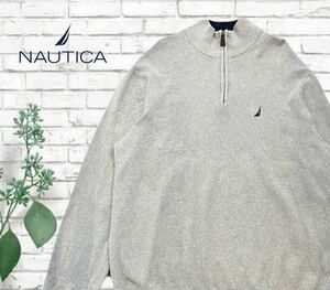 A-141★NAUTICA ノーティカ★グレー灰色 左胸ロゴ刺繍 レザー 長袖 ハーフジップ ニット セーター XL