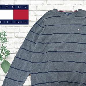 A-99★TOMMY HILFIGER｜トミーヒルフィガー★グレー灰色 ボーダー 右胸ロゴ刺繍 長袖 コットンニット セーター XXLの画像1