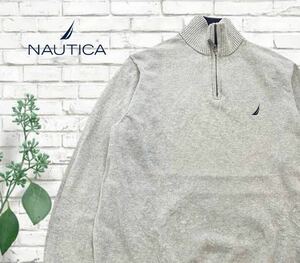 A-134★NAUTICA ノーティカ★グレー灰色 ロゴ刺繍 長袖 ハーフジップ ニット セーター M