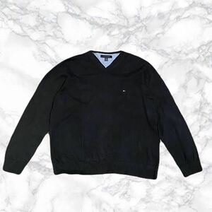 A-93★TOMMY HILFIGER トミーヒルフィガー★ブラック黒色 左胸ロゴ刺繍 Vネック 長袖 ニット セーター XL