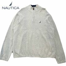 A-141★NAUTICA ノーティカ★グレー灰色 左胸ロゴ刺繍 レザー 長袖 ハーフジップ ニット セーター XL_画像2