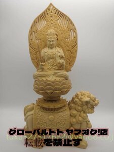 仏像 文殊菩薩 神獣台座 木彫り 開運 仏教美術 精密彫刻 仏教工芸品