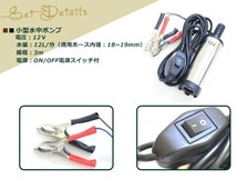 12V 小型 軽量 水中ポンプ 12L/min ケーブル3m スイッチ式 バッテリー クランプ ON/OFFスイッチ付き スレンレス製 DC12V 1.5A 英文説明書付_画像2