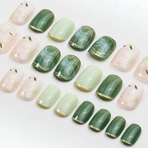 【売れ筋商品】(夏Camellia) フレンチ グリーン 緑 女性らしい 可憐 華やか 24枚 つけ爪 ショート 花 ネイルチップ