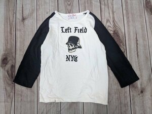 5．USA製 Left Field ドクロ フェルトロゴ スカル ラグランスリーブ 長袖Tシャツ ロンT メンズM 白黒 x601