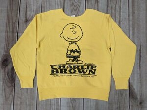 20．スヌーピー PEANUTS デカプリント チャーリーブラウン ラグラン スウェットシャツ トレーナー キャラクター メンズM 黄色系黒y606