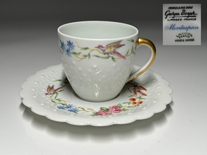 【瑞】リモージュLimoges　PORCELAINE DURE　花鳥文　デミタスカップ＆ソーサー