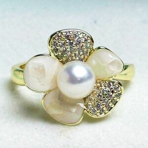 「綺麗本真珠指輪5mm お花デザイン」七宝焼き　天然パールリング　シルバーk18仕上げ