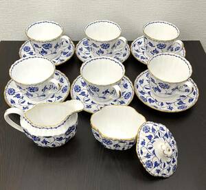 #1243【Spode】『英国 高級陶磁器 スポード ブルーコロネル ティーセット』カップ6客 シュガー・ミルクポッド Bone China【中古美品】 