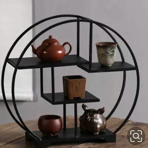 新品 シノワズリ アイアン 飾り棚 丸形 茶器 ラック コンパクト 4段 中式