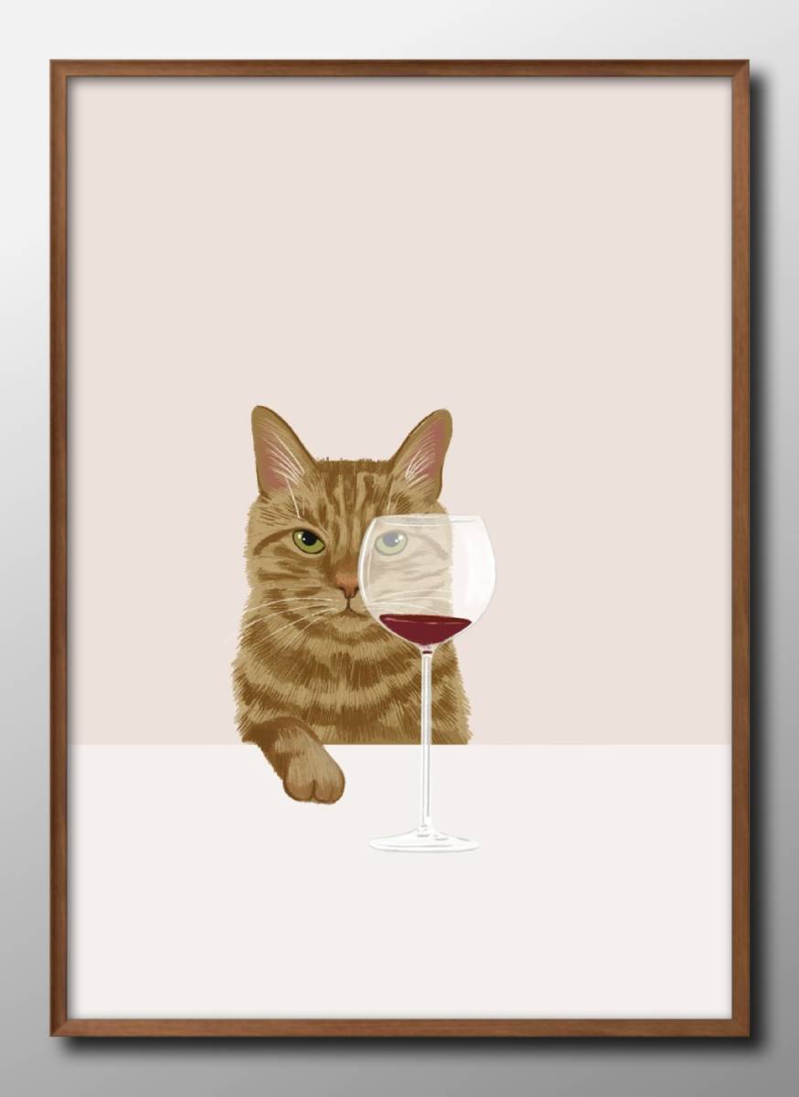 12994 ■ Livraison gratuite !! Affiche d'art peinture format A3, illustration de vin et de chat, design nordique en papier mat, Logement, intérieur, autres