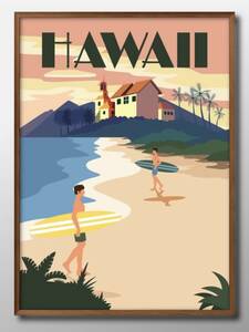 10211■送料無料!!アートポスター　絵画　A3サイズ『夏　ハワイ　Hawaii　夏の風景　サマー』イラスト　北欧　マット紙