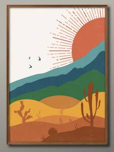Art hand Auction 8463■Free Shipping!!Art Poster Painting A3 Size Sun Cactus Modern Illustration Scandinavian Matte Paper, residence, interior, others