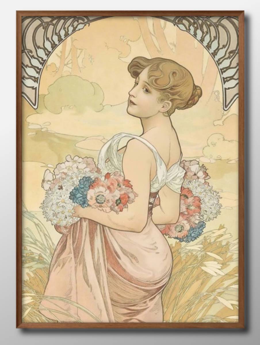 8858■무료배송!! 아트 포스터 페인팅 A3 사이즈 Alphonse Mucha 여름 일러스트 북유럽 무광택 종이, 주택, 내부, 다른 사람