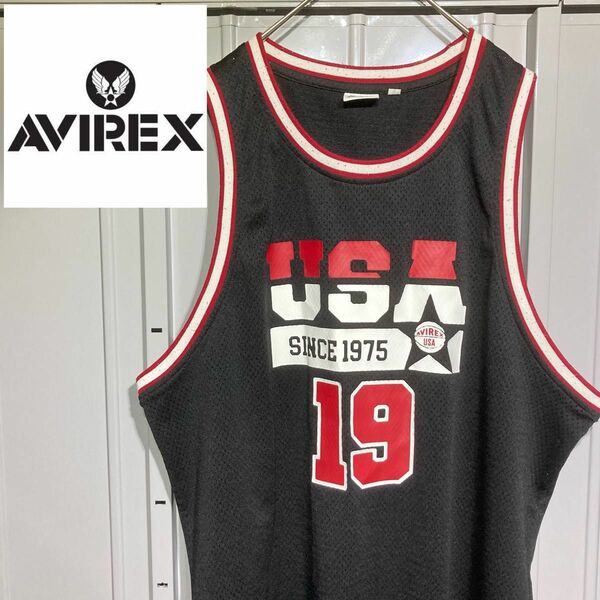 【希少デザイン】AVIREX アヴィレックス ゲームシャツ メッシュタンクトップ バスケットボールシャツカレッジロゴ ブラック F
