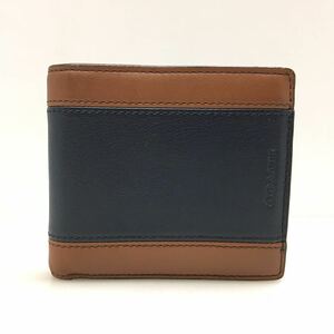 34-57 COACH 二つ折り財布 レザー ネイビー ブラウン コーチ