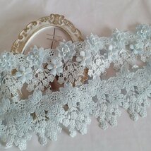 ハギレAZ170ブルー 　60CM 立体お花リボン　お花フリンジ　花モチーフ　フリンジ レース　パール付き　刺繍リボン　花柄レースリボン_画像1