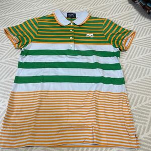 パーリーゲイツ 半袖ポロシャツ グリーン×オレンジ ボーダー 総柄 コットン100％ レディース 1(M) ゴルフウェア 