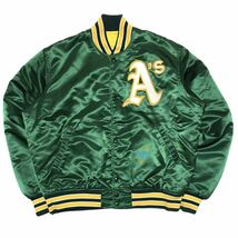 【USA製】80s STARTER スターター MLB アスレチックス スタジアムジャケット メンズL グリーン 緑 サテン地 ヴィンテージ スタジャン レア_画像1