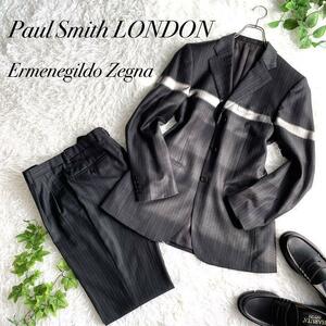 美品　ポールスミス　ゼニア　2B　スーツ　セットアップ　ストライプ　グレー　L　Paul Smith LONDON Ermenegildo Zegna 