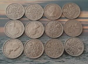 幸せのシックスペンス イギリス12枚セットラッキー6ペンス本物古銭英国コイン1953-1967年の間で年代を選ぶ事が出来ます。美品