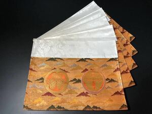 [b48] 京都蔵出 本金糸 金襴 葵 月影杏葉 打敷 5枚纏めて 約32×25㎝ 本願寺 仏教 寺 袈裟 古布 古裂 法衣 正絹 未使用品 打敷