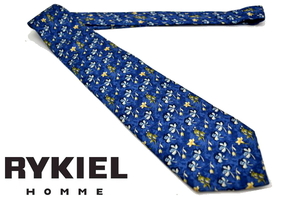 N1031★送料無料★美品★RYKIEL HOMME ソニア リキエル オム★フランス製 正規品 ブルー ボタニカル 花柄 シルクネクタイ