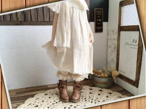 ＊革＊お花飾りくったり＊ライン＊ブーツ靴＊カフェオレBR/ヴィンテージ風＊栃木レザー＊outfit＊Doll Shoes＊ブライス/ピュアニーモS＊