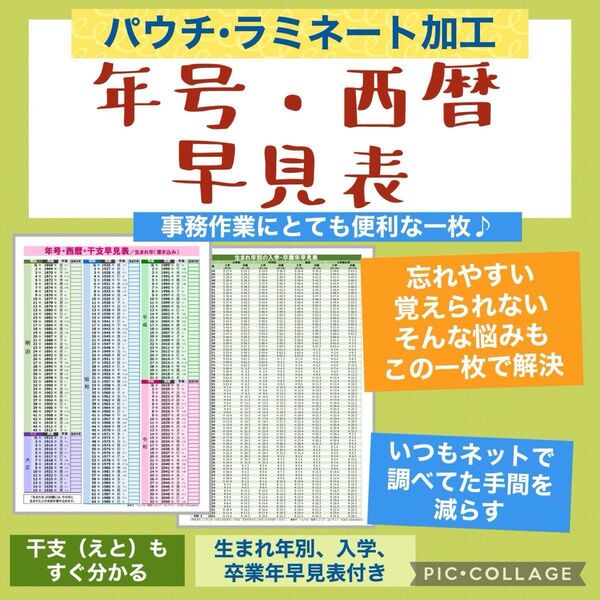 年号・西暦★早見表　干支　生まれ年別の入学卒業年早見表　パウチ・ラミネート加工