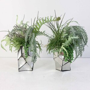 モデルルーム展示品 花瓶 フラワーベース 人工観葉植物付き 2個 パール調&メタリック 造花 フェイクグリーン 店舗什器 インテリア★754v17