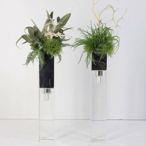 モデルルーム展示品 ガラス 花瓶 フラワーベース 人工観葉植物付き 2個セット 造花 フェイクグリーン ロング 店舗什器 インテリア★754v16