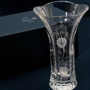 未使用品！ドイツ製 ELBE crystal エルベクリスタル 花彫刻入り 花瓶 フラワーベース 花器 花入◆766f06