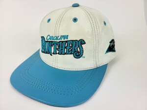 レア 80s～ USA製 NFL CAROLINA PANTHERS レザー スナップバックキャップ 総本革 パンサーズ 白 青 80年代 90年代 アメリカ製 ビンテージ