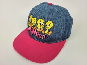 レア 90s USA製 WARNERBROS TWEETY 刺繍 デニム生地 スナップバックキャップ 90年代 アメリカ製 ワーナーブラザーズ トゥウィーティー 帽子