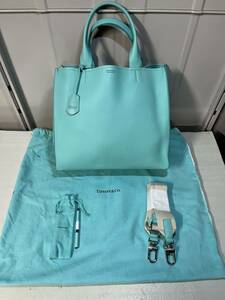 【中古品】TIFFANY&CO. ティファニー トートバッグ レザー ターコイズブルー 2Way バッグ収納袋 ペン 付き