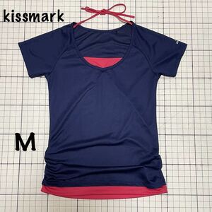 良品 キスマーク【kissmark】ホルダーネックバイカラー半袖Tシャツ 重ね着風 くしゅくしゅ裾 ドライ Mサイズ ネイビー×ピンク/紺 ロゴ