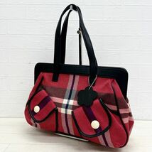 1323◎ MARY QUANT LONDON マリークヮント バッグ 鞄 ハンド トート マグネットボタン チェック レッド レディース_画像1